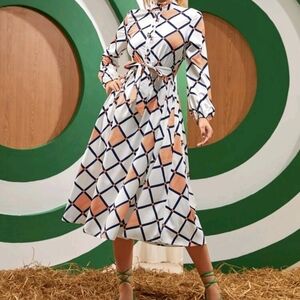 Marta Cons Striped & Plaid Print Lantern Sleeve Belted Dress